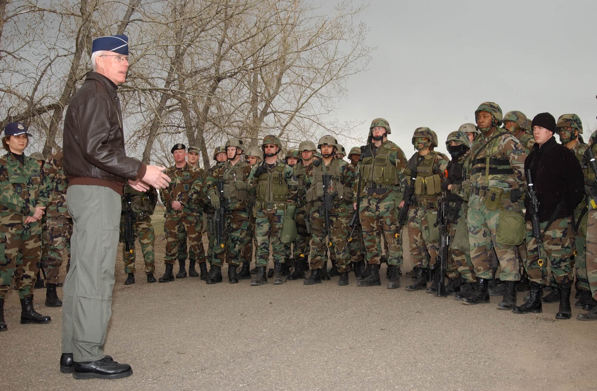 Maj. Gen. Timothy Jones, Air Force Board chair, addresses a group of Security Forces members after a Warrior demonstration Tuesday at Malmstrom Air Force Base.