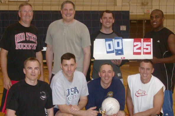 Members of the 910th Operations Group celebrate winning the 2007 Volleyball  Tournament here during the April UTA.  Front row: Gary Dodge, Vic Smith, John Kelly and Jim Haupt. Back row: Jeff Vandootingh, Daryl Hartman, Phil Townsend and Khaleef Graham.  The score shown of the last game in the match  is a bit exaggerated -- it was actually 14-25 against Civil Engineer Squadron. U.S. Air Force Photo by Tech. Sgt. Ernest P. Raeon Jr. 
