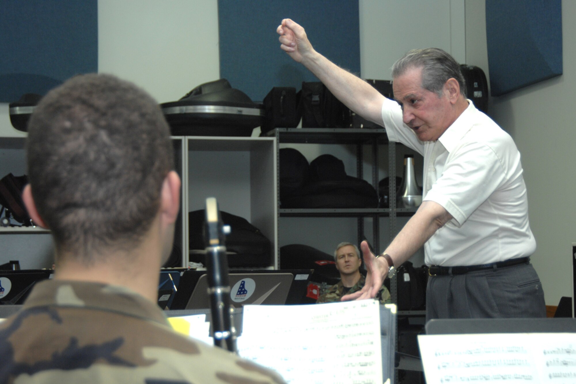 HANSCOM AFB, Mass. -- Director Emeritus of the United States Air Force Band retired Col. Arnald D. Gabriel  conducts members of the Air Force Band of Liberty April 10. (U.S. Air Force photo by Linda LaBonte Britt)
