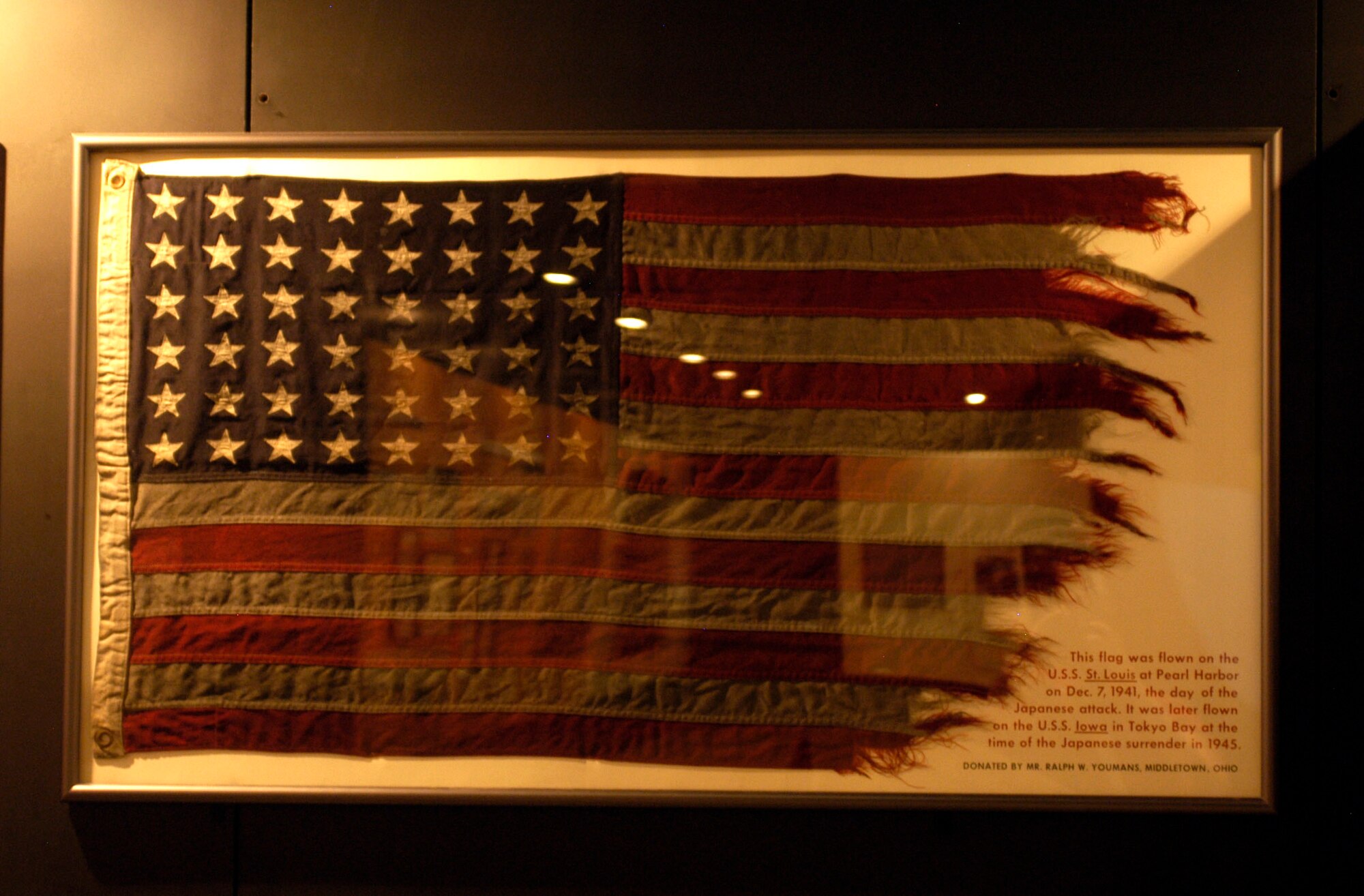 DAYTON, Ohio - This flag was flown on the U.S.S. St. Louis at Pearl Harbor on Dec. 7, 1941, the day of the Japanese attack. It was later flown on the U.S.S. Iowa in Tokyo Bay at the time of the Japanese surrender in 1945. The flag was donated by Mr. Ralph W. Youmans from Middletown, Ohio. 