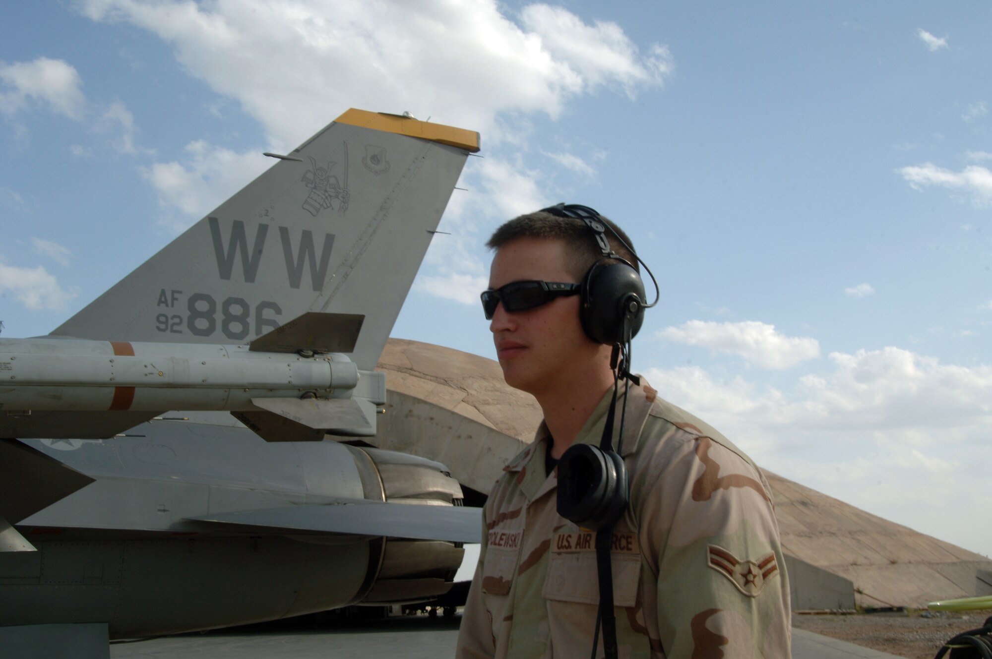 BALAD AIR BASE, Iraq -- Airman 1st Class Timothy Korpolewski, 332nd Expeditionary Aircraft Maintenance Squadron assistant dedication crew chief, has been named the 332nd Air Expeditionary Wing's Tuskegee Airman of the Week for Apr. 13-19, 2007, by Brig. Gen. Robin Rand, 332 AEW commander. Airman Korpolewski is deployed from the 35th Aircraft Maintenance Squadron at Misawa AB, Japan. (U.S. Air Force photo/Senior Airman Candace Romano)