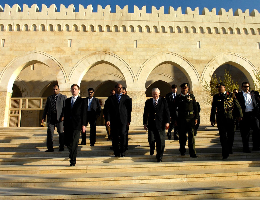 Defense Secretary Robert M. Gates receives a tour of the King Hussein bin Talal Mosque in Amman, Jordan, April 16, 2007.  The mosque, which opened last year, is named for His Majesty King Hussein bin Talal, the father of modern Jordan.  Kin Hussein bin Talal was said to be a leader who guided his country through strife and turmoil to become an oasis of peace, stability and moderation in the Middle East.  Defense Dept. photo by Cherie A. Thurlby