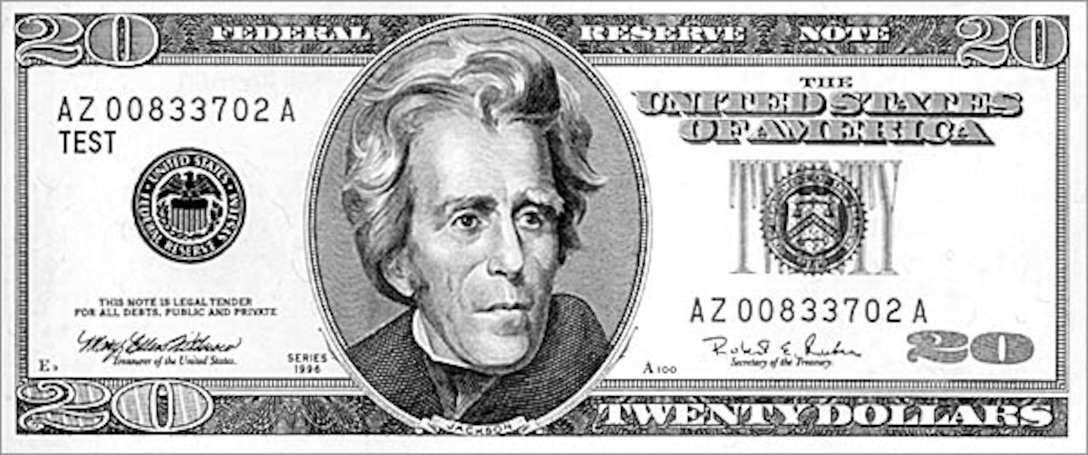 Security features on the front of the new $20 note include an embedded security thread; a large, off-center portrait of President Andrew Jackson; the Federal Reserve seal; and color-shifting ink. U.S. Treasury Department 