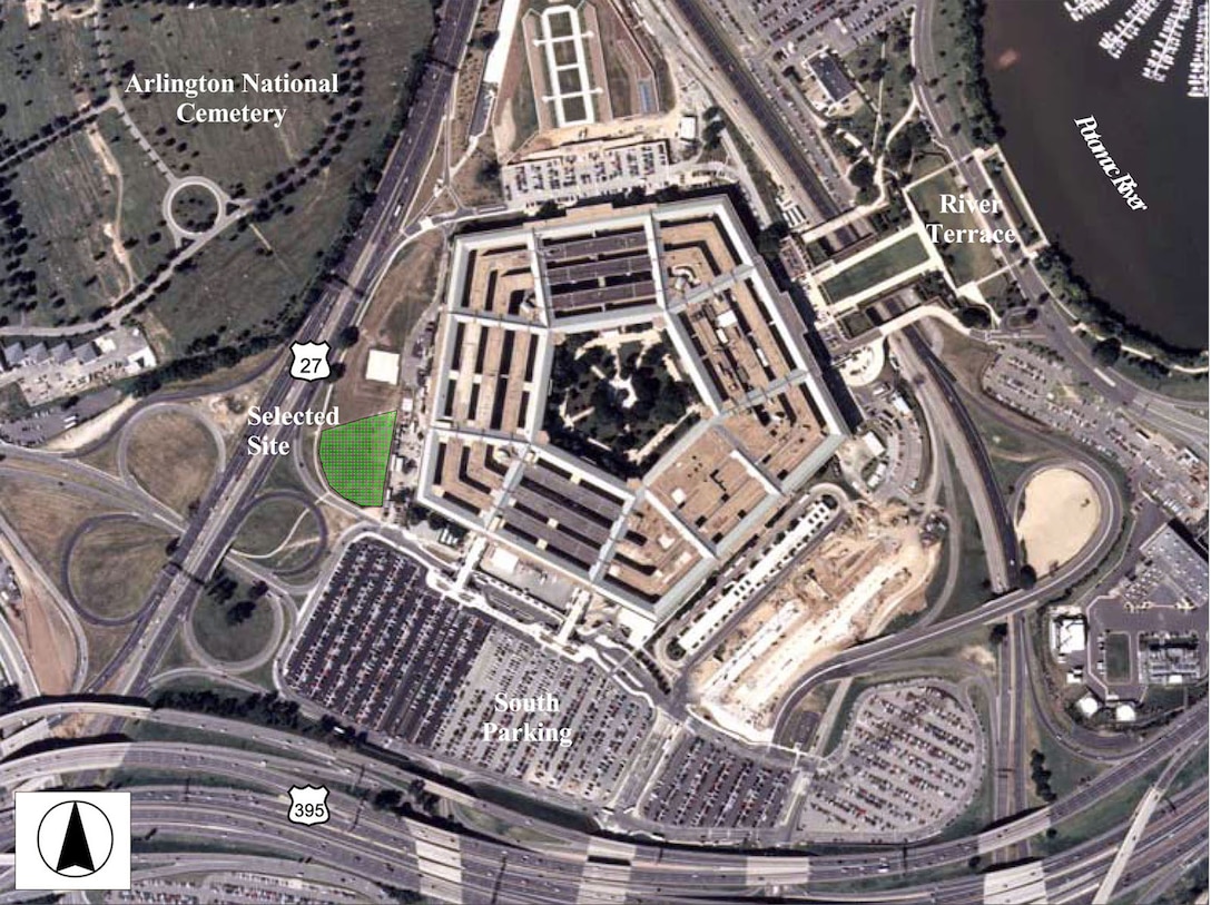 The green shaded area in this aerial photo marks the proposed site of the Pentagon Memorial. It abuts the section destroyed Sept. 11, 2001, when terrorists slammed a hijacked airliner into the building and killed 184 persons. (DoD photo) 
