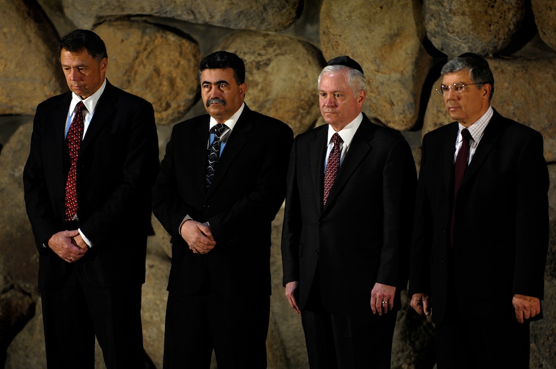 U.S. Ambassador to Israel Richard Jones, Israeli Minister of Defense Amir Peretz, U.S. Defense Secretary Robert M. Gates, and Director General of Yad Vashem Avner Shalev attend a wreath laying ceremony at the Yad Vashem Holocaust Memorial in Jerusalem, Israel, April 19, 2007.