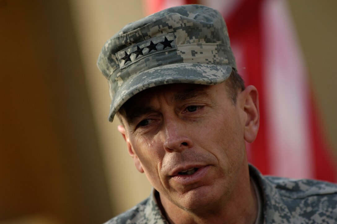 Gen. David Petraeus, commander of Multinational Forces-Iraq, speaks to the press at Camp Fallujah, Iraq, April 19, 2007.  
