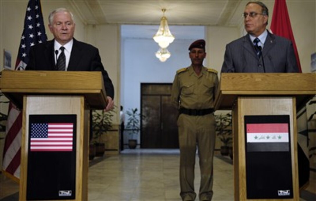 Defense Secretary Robert M. Gates conducts a press conference with Iraqi Minister of Defense Abd al-Qadir al-Mufriji, in Baghdad, April 20, 2007.  Gates told reporters that he met with Iraqi officials to urge them to speed up national reconciliation among the country’s  various factions in order to progress toward justice and reconciliation in Iraq. 