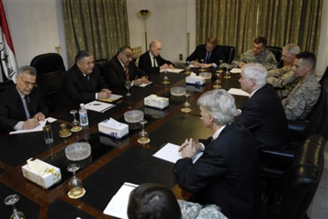 Defense Secretary Robert M. Gates and other senior U.S. officials meet with Iraqi President Jalal Talabani and  Vice President Tariq al-Hashimi at the presidential palace in Baghdad, April 20, 2007.