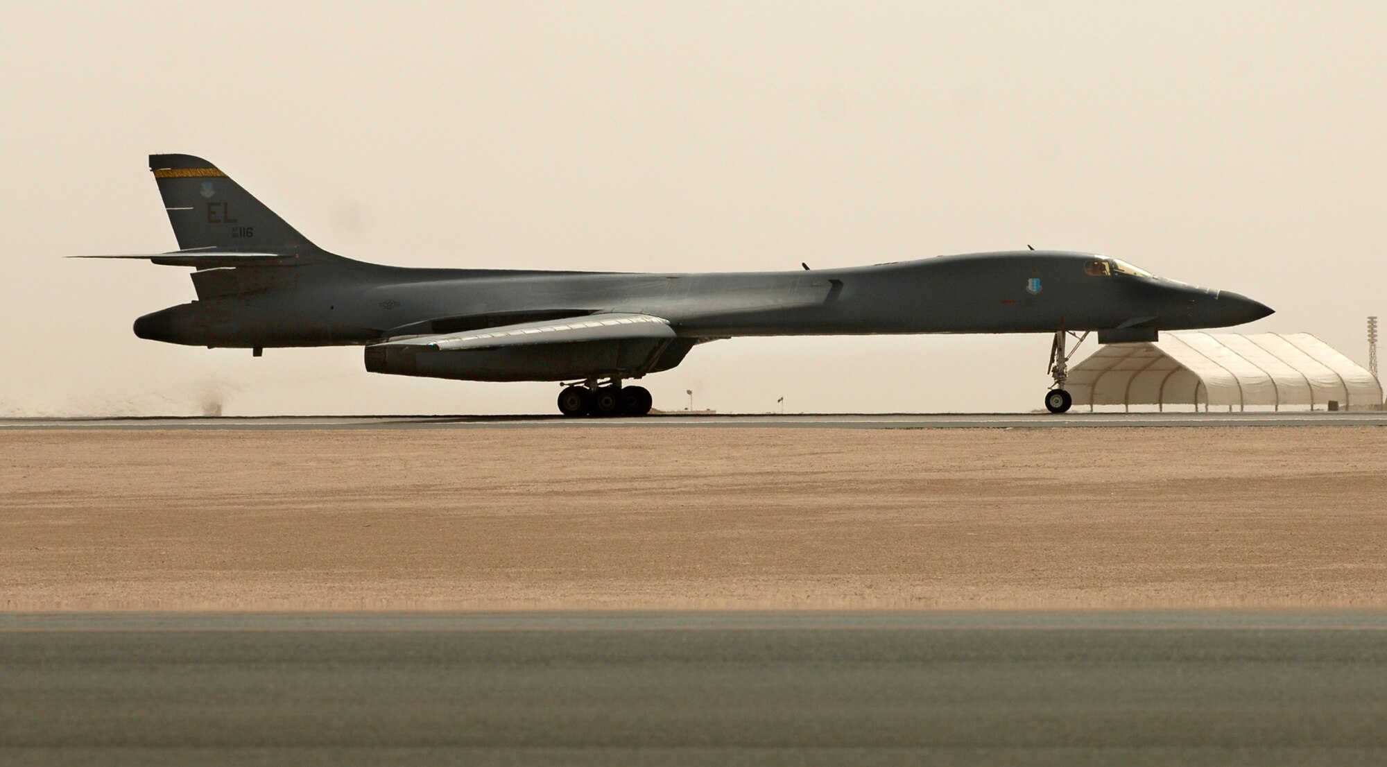 Southwest Asia -- A B1-B Lancer Bomber prepares to take off and provide a show of force for Coalition forces near Ad Diwaniyah.  Joint Terminal Attack Controller confirmed the show of force to be successful.  (U. S. Air Force photo/Tech. Sgt. Cecilio M. Ricardo Jr.) 

