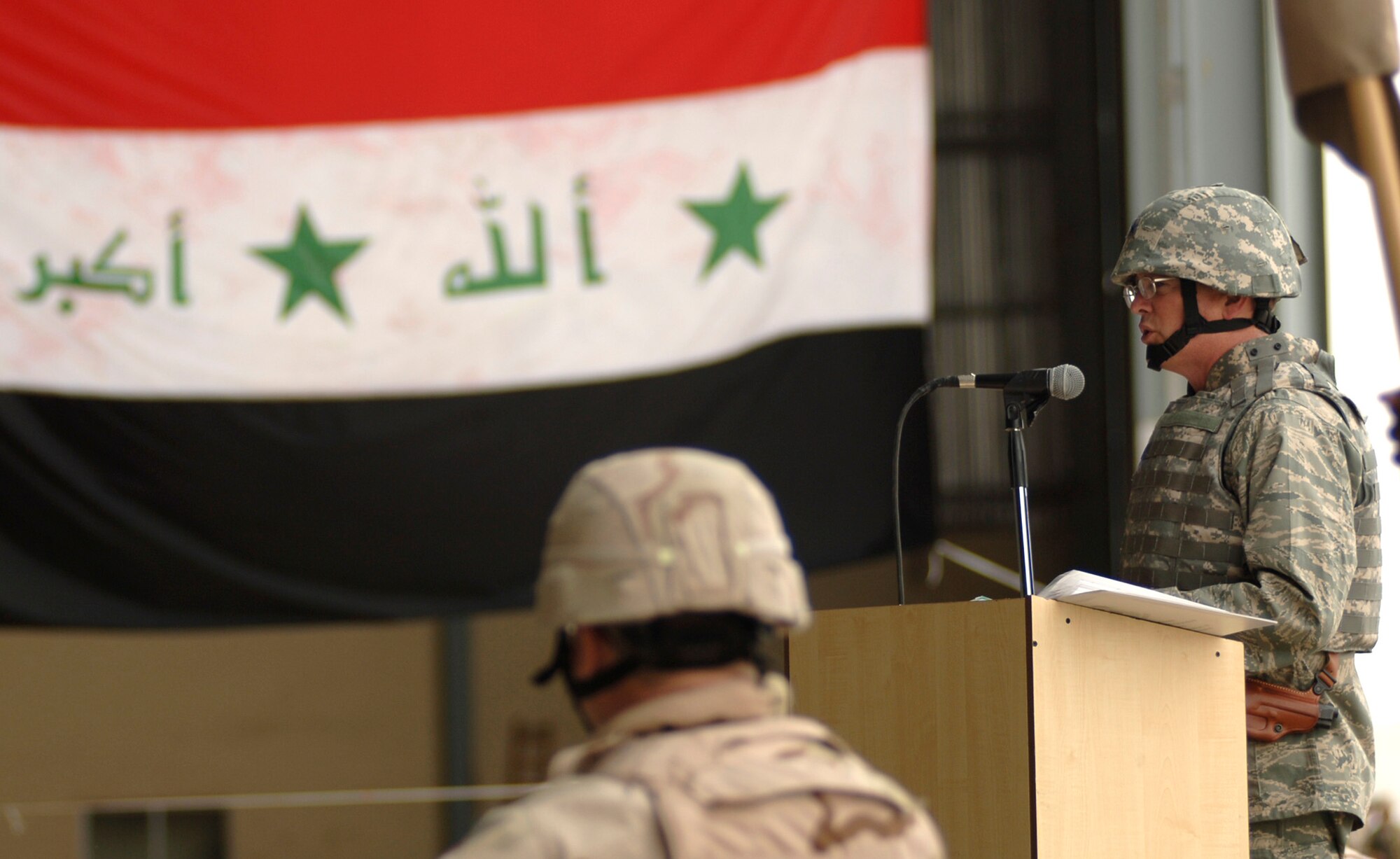 Baghdad, Iraq -- Brig. Gen. Robert R. Allardice, commander of Coalition Air Force Transition Team, address a crowd of approximately 100 during the Unit Activation and Assumption of Command Ceremony for the 370th Air Expeditionary Advisory Group at the New Al Muthana Air Base April 22..  (U.S. Air Force photo/Tech. Sgt. Cecilio M. Ricardo Jr.) 