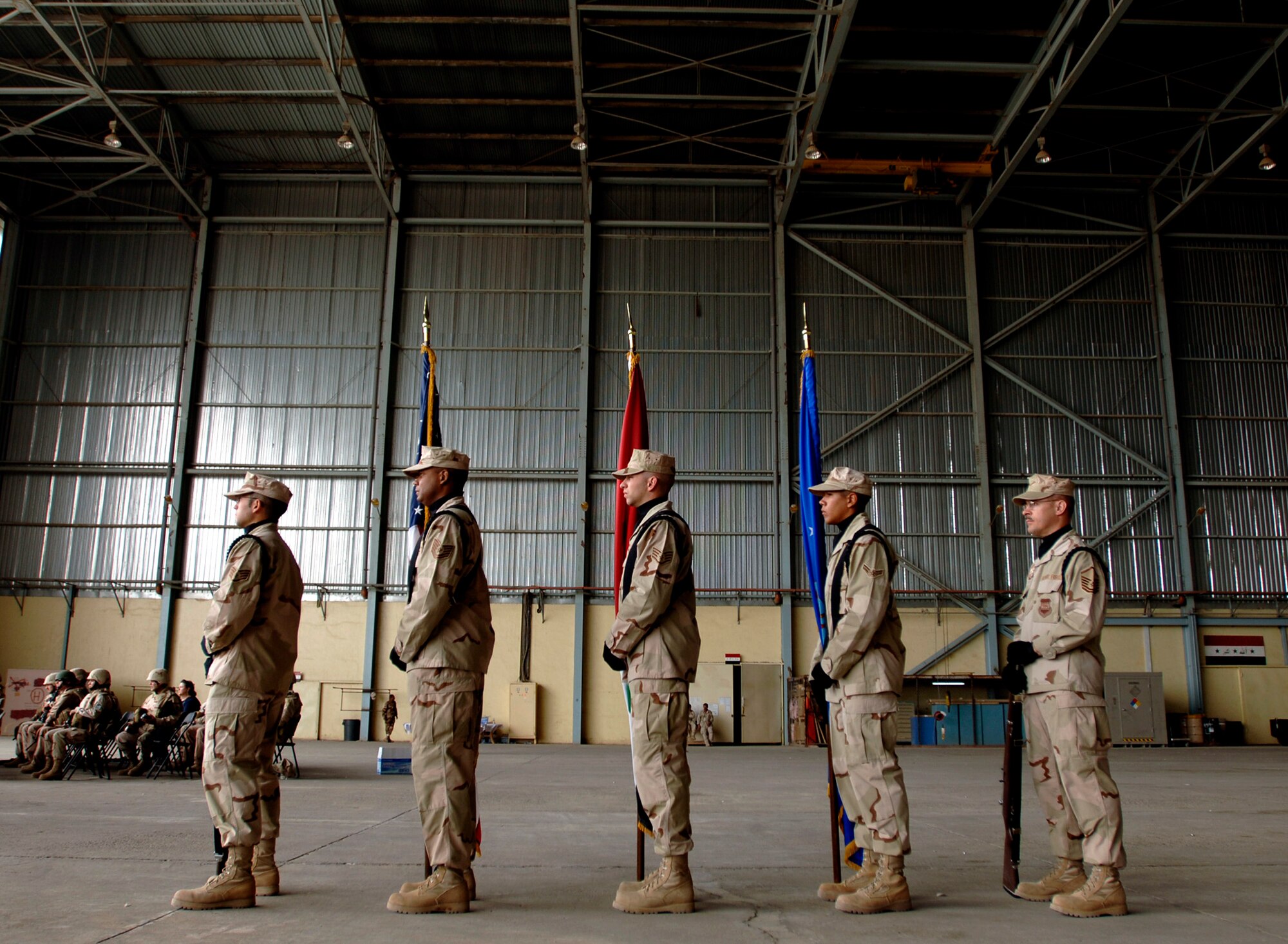 The Sather Air Base Honor Guard prepares to present the colors at the Unit Activation and Assumption of Command Ceremony for the 370th Air Expeditionary Advisory Group to be commanded by Col. Daniel G. Groeschen on New Al Muthana Air Base April 22.  (U.S. Air Force photo/Tech. Sgt. Cecilio M. Ricardo Jr.) 