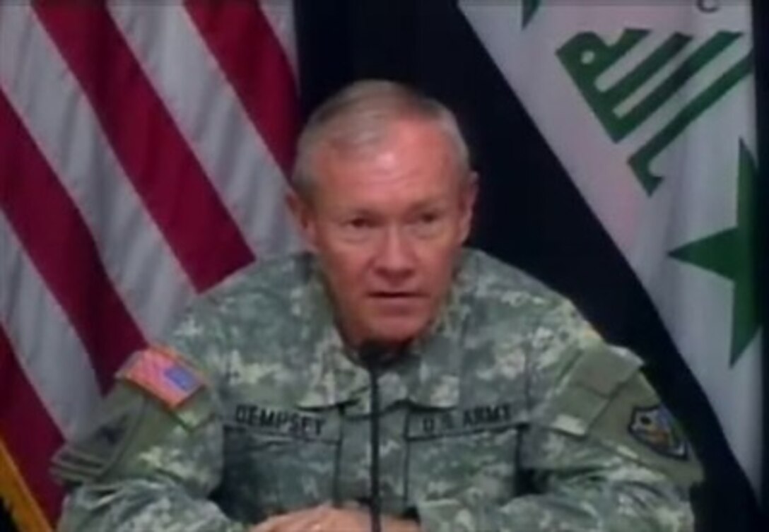 Commander of Multi-national Security Transition Command in Iraq, U.S. Army Lt. Gen. Martin Dempsey, updates reporters on the transition of Iraqi forces assuming the duties and responsibilities which U.S. forces are currently providing April 22, 2007.