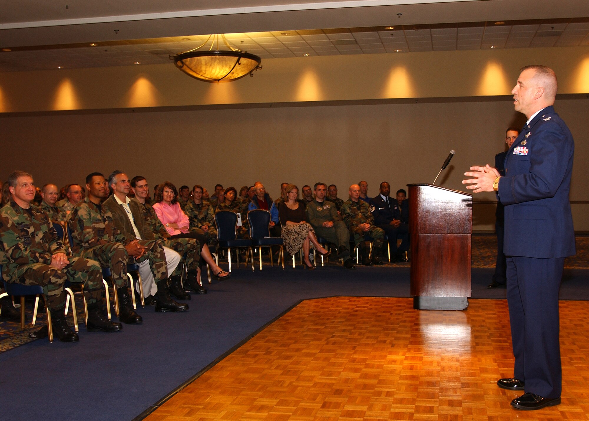 Col. Carl Frushon gives his first speech as the new commander for the 30th Launch Group at the Pacific Coast Club April 20. Colonel Frushon is coming from Royal Air Force Menwith Hill, United Kingdon, as the director of the Systems Engineering Group. He was also at Vandenberg as a Titan IV Launch Manager with the 4th Space Launch Squadron from September 1993 to September 1994. Colonel Frushon is prepared to take on the duties of the 30th Launch Group and continue the display of excellence at Vandenberg.  (Photo by Airman 1st Class Adam Guy)