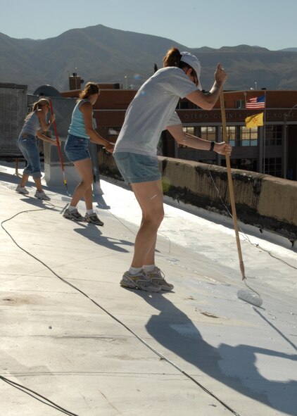 Airman 1st Class Kim Huddleston, 49th Operations Support Squadron, Ms. Janice Smith, and Ms. Heather Mangels apply paint to the roof of Vision Broadcasting as part of The Day of Caring event, April 20, in Alamogordo. The Day of Caring is an event in which Holloman Airmen give back to the community and help beautify the city.  (U.S. Air Force photo by Airman 1st Class Jamal Sutter)