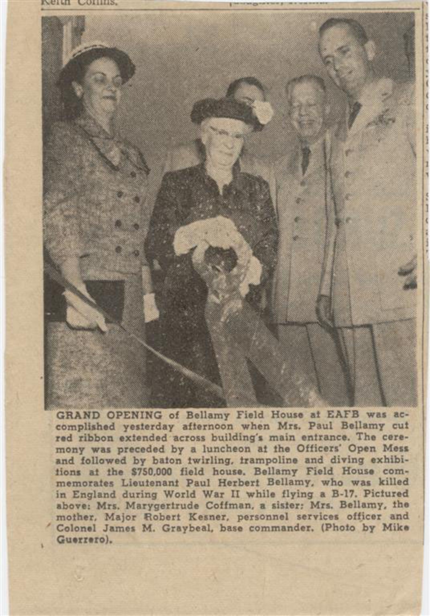 A clipping from the Rapid City, S.D., Daily Journal, Sunday, April 7, 1957, shows the dedication of the then Bellamy Fieldhouse. Marygertrude Bellamy, sister of Lt. Paul Herbert Bellamy, recently visited the Bellamy Fitness Center for the first time since the 1957 dedication. Mrs. Bellamy, 91, is the only surviving member of the six-sibling family. (courtesy image)