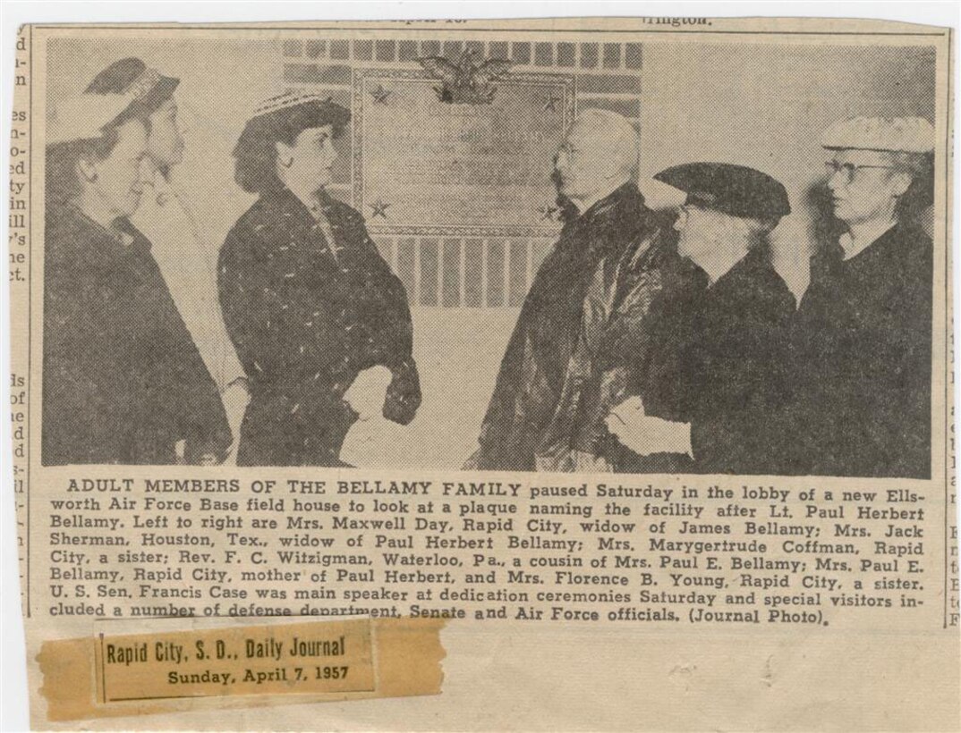 A clipping from the Rapid City, S.D., Daily Journal, Sunday, April 7, 1957, shows the dedication of the then Bellamy Fieldhouse. Marygertrude Bellamy, sister of Lt. Paul Herbert Bellamy, recently visited the Bellamy Fitness Center for the first time since the 1957 dedication. Mrs. Bellamy, 91, is the only surviving member of the six-sibling family. (courtesy image)