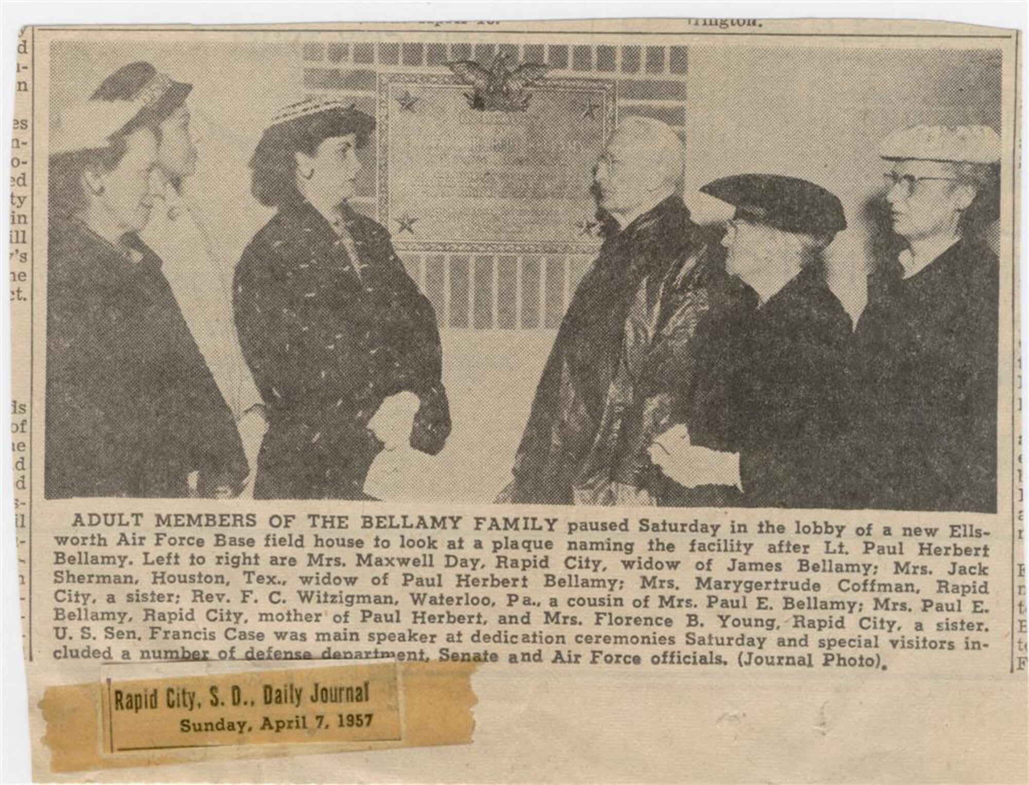 A clipping from the Rapid City, S.D., Daily Journal, Sunday, April 7, 1957, shows the dedication of the then Bellamy Fieldhouse. Marygertrude Bellamy, sister of Lt. Paul Herbert Bellamy, recently visited the Bellamy Fitness Center for the first time since the 1957 dedication. Mrs. Bellamy, 91, is the only surviving member of the six-sibling family. (courtesy image)