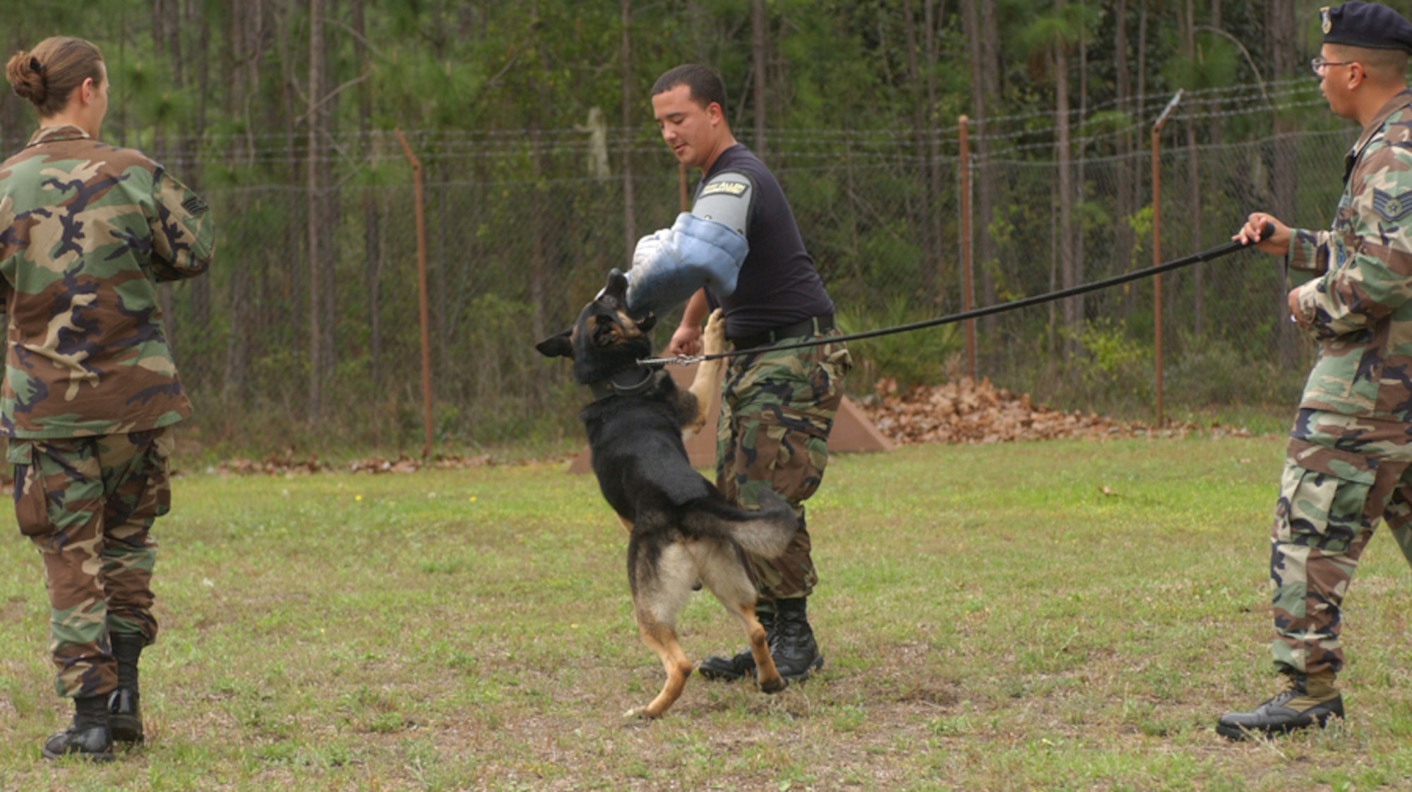 Staff Sgt. Andrew Rodriguez (right), 1st Special Operations Security Forces Squadron, unleashes his military working dog Rony on an Airman playing the role of decoy while Staff Sgt. Rebecca Lind, the senior canine decoy training instructor watches on. (U.S. Air Force photo by Senior Airman Gary Stevens)