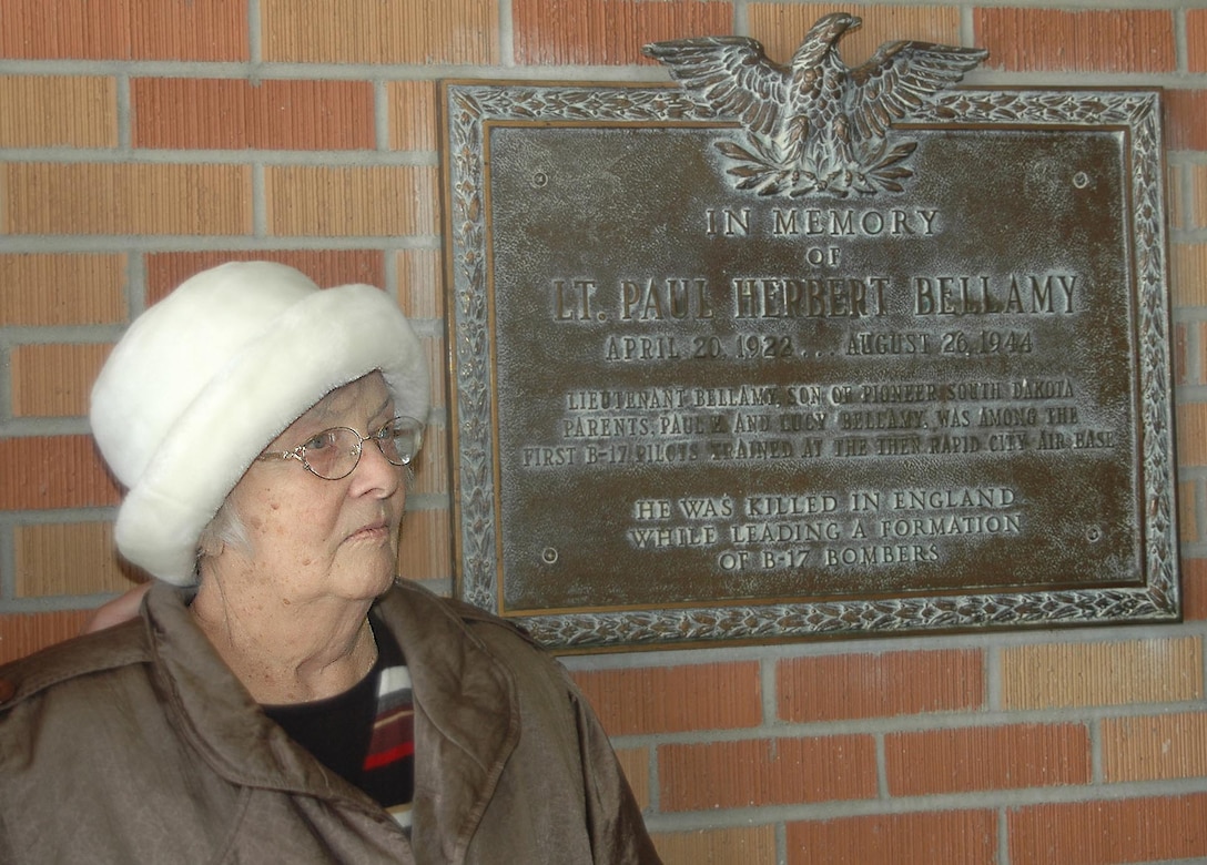 Marygertrude Bellamy recently visited the Bellamy Fitness Center here for the first time since the fitness center was named after her brother, Lt. Paul Herbert Bellamy, in 1957. Leutenant Bellamy died in England while flying a B-17 mission during World War II. Mrs. Bellamy, 91, taught in Rapid City for eight years of her 16-year career and is the only surviving member of the six-sibling family. (U.S.Air Force photo/ Airman 1st Class Kimberly Moore Limrick)