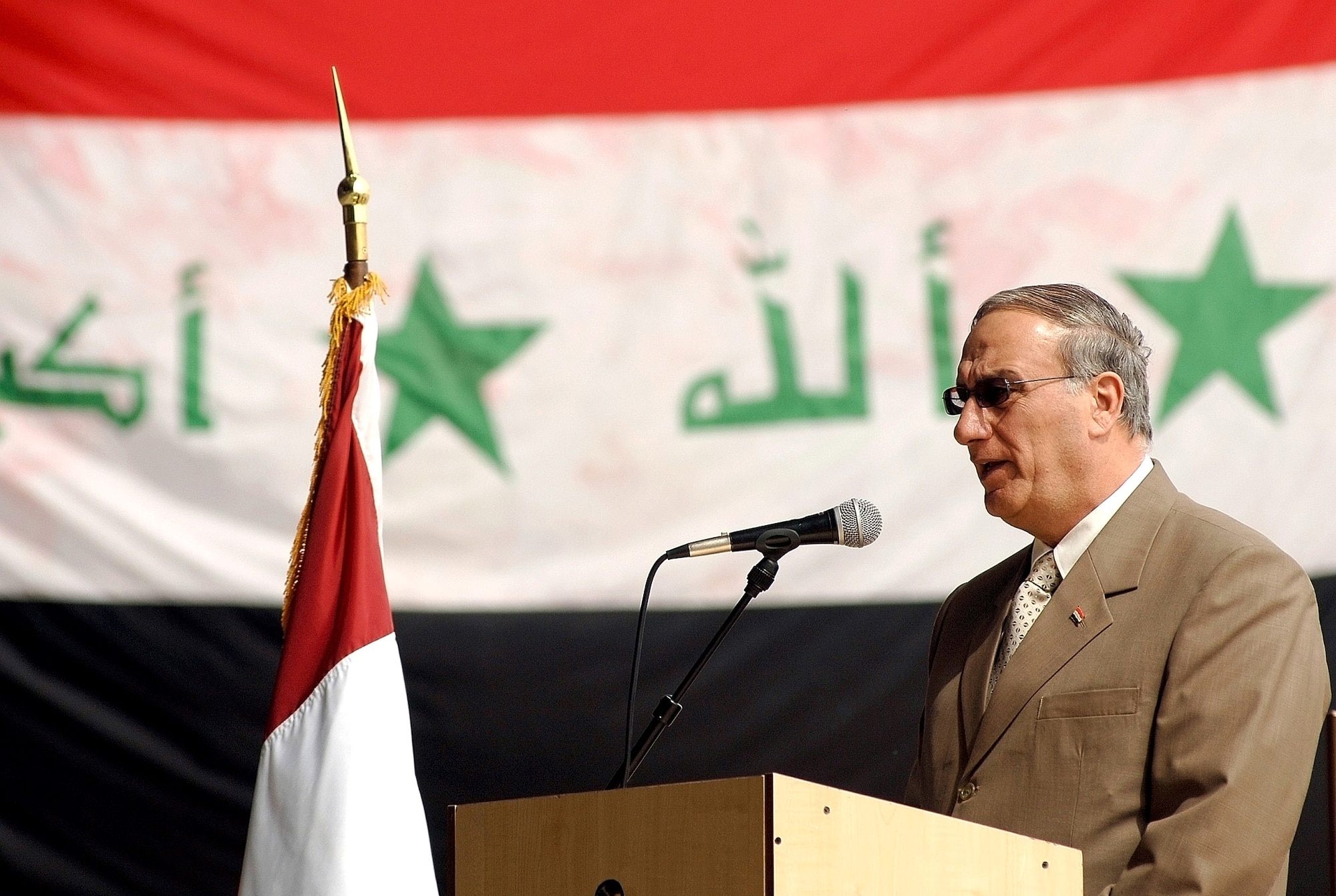 Iraqi Minister of Defense Abd al-Qadir al-Mufriji addresses a crowd of approximately 100 distinguished guests April 22 during the 76th anniversary of the Iraqi air force at the New Al Muthana Air Base in Baghdad, Iraq. (U.S. Air Force photo/Tech. Sgt. Cecilio M. Ricardo Jr.)