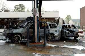 An accident involving two motor vehicles at the Langley Air Force Base, Bethel Manor gas station occurred April 19 at about 5:30 p.m.  A fire resulted from the accident, engulfing both vehicles and fuel pumps in flames. (U.S. Air Force photo/Staff Sgt. Eric Sheler)
