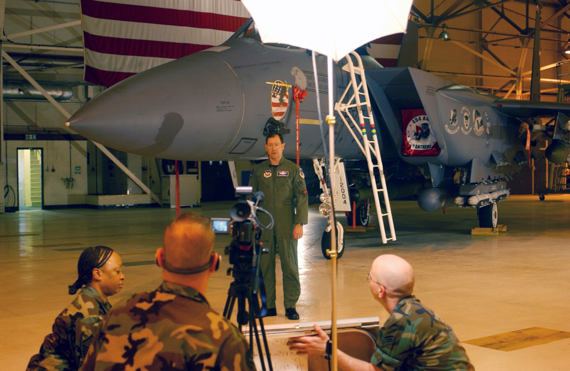Maj. Gen. Marc “Buck” Rogers, U.S. Air Forces in Europe vice commander, speaks during the taping of an Air Force News commercial April 18 at RAF Lakenheath’s Hangar 7. General Rogers visited the base to speak to 48th Fighter Wing leaders about fostering a top-down, lean Air Force culture through Air Force Smart Operations for the 21st Century. For more information on AFSO 21, call the 48th Fighter Wing AFSO 21 office at 226-3630. (U.S. Air Force photo by Airman 1st Class Kristopher Levasseur.)

