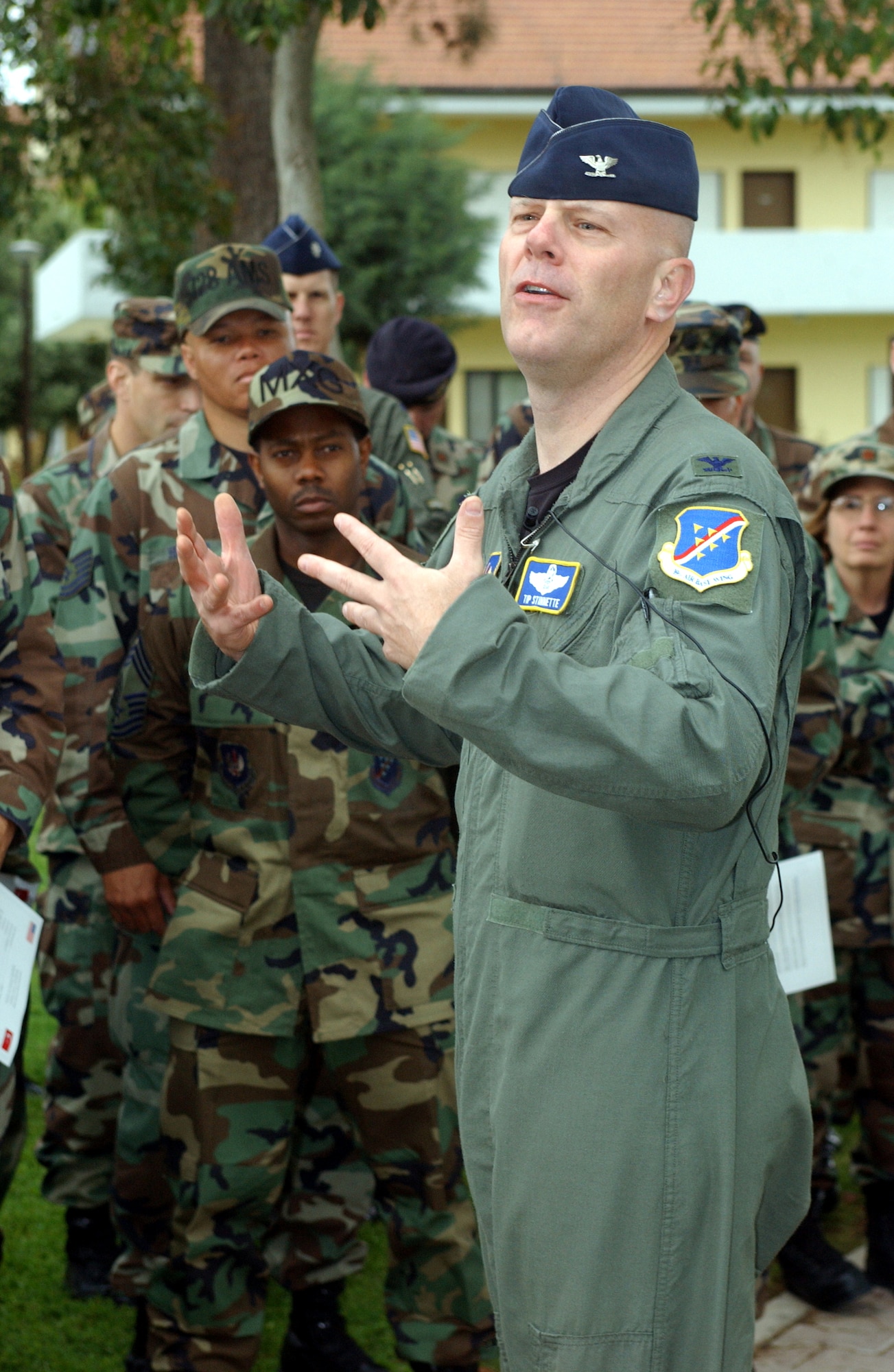 Col. "Tip" Stinnette, 39th Air Base Wing Commander, presents the opening remarks during rose planting ceremony in honor of Selahattin Ulkumen, Turkish consul-general on the Island of Rhodes in 1944, at Arkadas Park on 20 April.  Mr. Ulkumen saved 50 Jews from the Nazis during World War II.  (U. S. Air Force photo by Staff Sgt. Jeff Nevison) (RELEASED)  