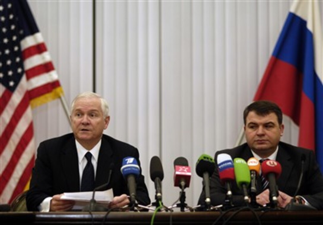 U.S. Defense Secretary Robert M. Gates conducts a press conference with Russian Minister of Defense Anatoly Serdyukov in Moscow, April 23, 2007.  