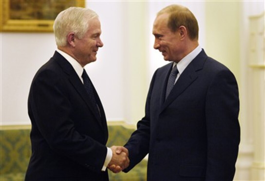 U.S. Defense Secretary Robert M. Gates meets with Russian President Vladimir Putin in Moscow, April 23, 2007.  Gates later told reporters that he and Putin discussed among other things, missile defense.  