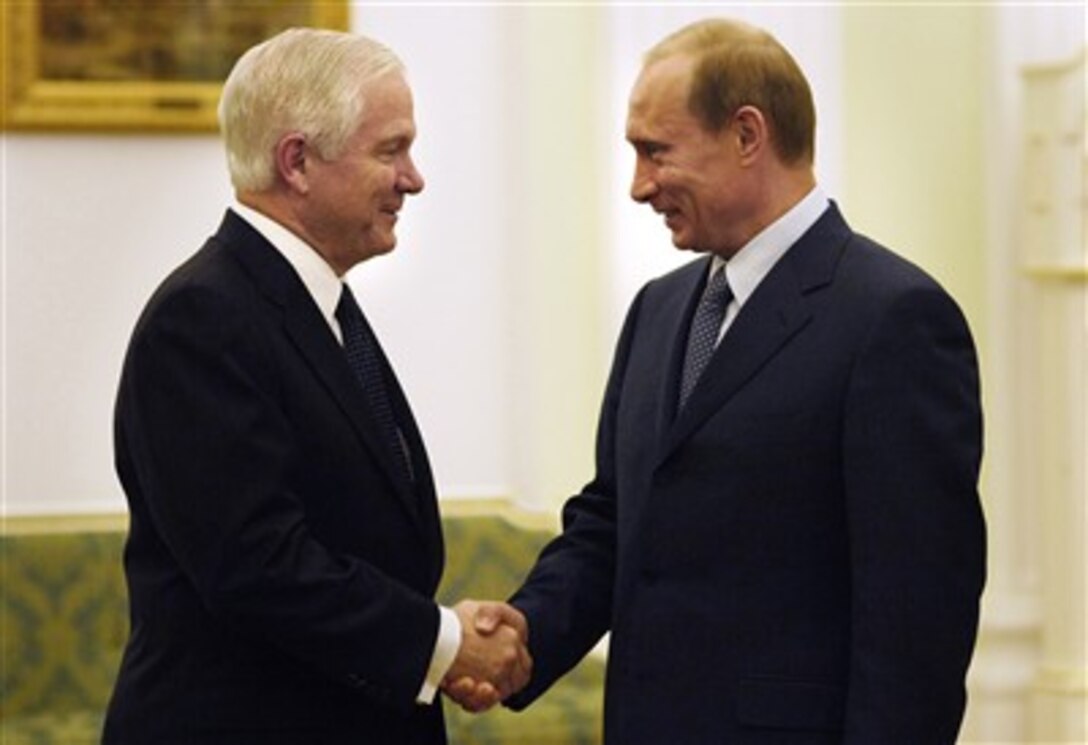 Secretary of Defense Robert M. Gates (left) meets with Russian President Vladimir Putin to discuss a variety of security issues including missile defense in Moscow, Russia, on April 23, 2007.  