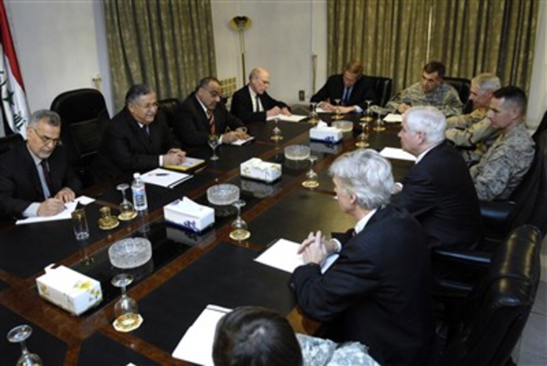 Secretary of Defense Robert M. Gates (right) and other senior U.S. officials meet with Iraqi President Jalal Talabani (2nd from left) at the Presidential Palace in Baghdad, Iraq, on April 20, 2007.  Gates is urging the Iraqi officials to speed up national reconciliation among the country's various factions in order to progress toward justice and reconciliation in Iraq.  