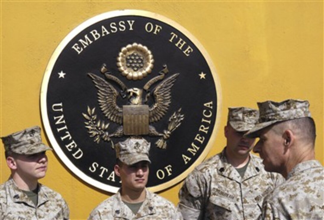 Chairman of the Joint Chiefs of Staff Gen. Peter Pace (right), U.S. Marine Corps, meets with Marines from the U.S. Marine detachment at the U.S. Embassy in Kabul, Afghanistan, on April 21, 2007.  Pace is in Afghanistan to meet with senior Afghan leadership and U.S. military leaders.  