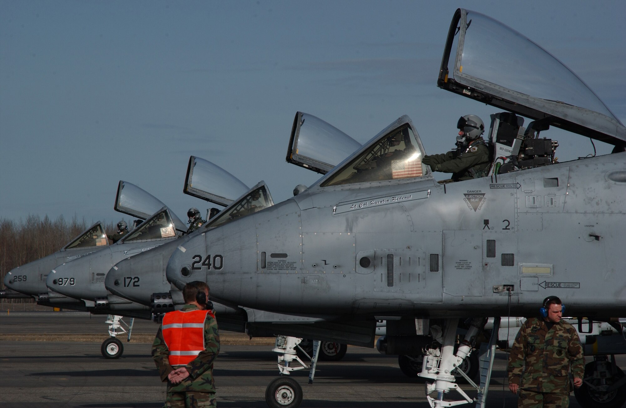EIELSON AIR FORCE BASE, Alaska -- Four A/OA-10 Thunderbolt II, 355th Fighter Squadron, sit in position at the end of runway to be armed by Airmen from the 354th Aircraft Maintenance Squadron on April 24. Due to the Base Realignment and Closure list the A-10 Thunderbolt II is being relocated to Moody AFB, Georgia. (U.S. Air Force Photo by Airman 1st Class Jonathan Snyder) 