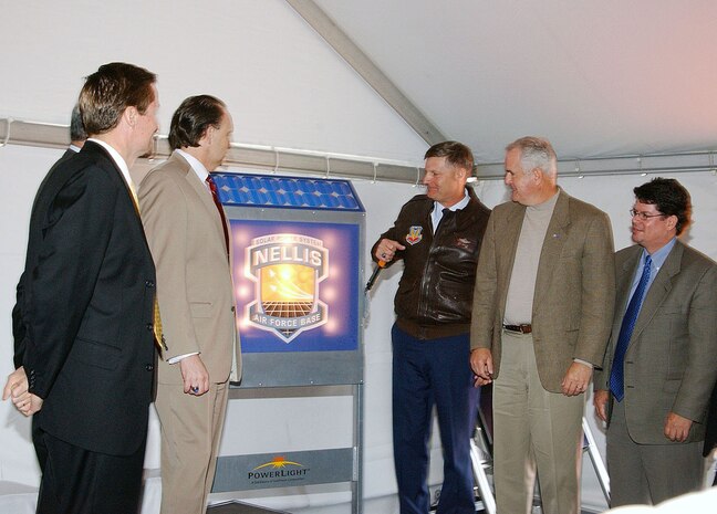 From left to right) Tom Werner, SunPower Corporation chief executive officer; Pat Shalmy, Nevada Power Company president; William Anderson, asistant scretary of  Air Force installations, environment and logistics; Col. Michael Bartley, 99th Air Base Wing commander; Jim Gibbons, Nevada Governor; and Matt Cheney, MMA Renewable Ventures ceo and founder, at the Nellis Air Force Base solar power system's ground breaking ceremony, 23 April. The Nellis solar power plant, scheduled for completion late 2007. The array is the largest photo-voltaic project in North America. The power plant will produce approximately 15 megawatts of power and provide nearly 30 percent of the electricity demand on the base which employs 12,000 people. (U.S. Air Force photo/Staff Sgt. Jeremy Smith)   
