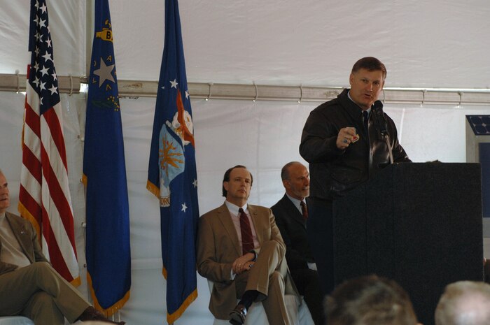 Col. Michael Bartley, 99th Air Base Wing commander, speaks at the Nellis Air Force Base Solar Power System's ground breaking ceremony, April 23. The Nellis solar power plant, scheduled for completion late 2007. The array is the largest photo-voltaic project in North America. The power plant will produce approximately 15 megawatts of power and provide nearly 30 percent of the electricity demand on the base which employs 12,000 people. (U.S. Air Force photo/Senior Airman Jason Huddleston)