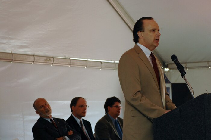 William Anderson, Assistant Secretary, U.S. Air Force Installations, speaks at the Nellis Air Force Base Solar Power System's ground breaking ceremony, April 23. The Nellis solar power plant, scheduled for completion late 2007. The array is the largest photo-voltaic project in North America. The power plant will produce approximately 15 megawatts of power and provide nearly 30 percent of the electricity demand on the base which employs 12,000 people. (U.S. Air Force photo/Senior Airman Jason Huddleston)