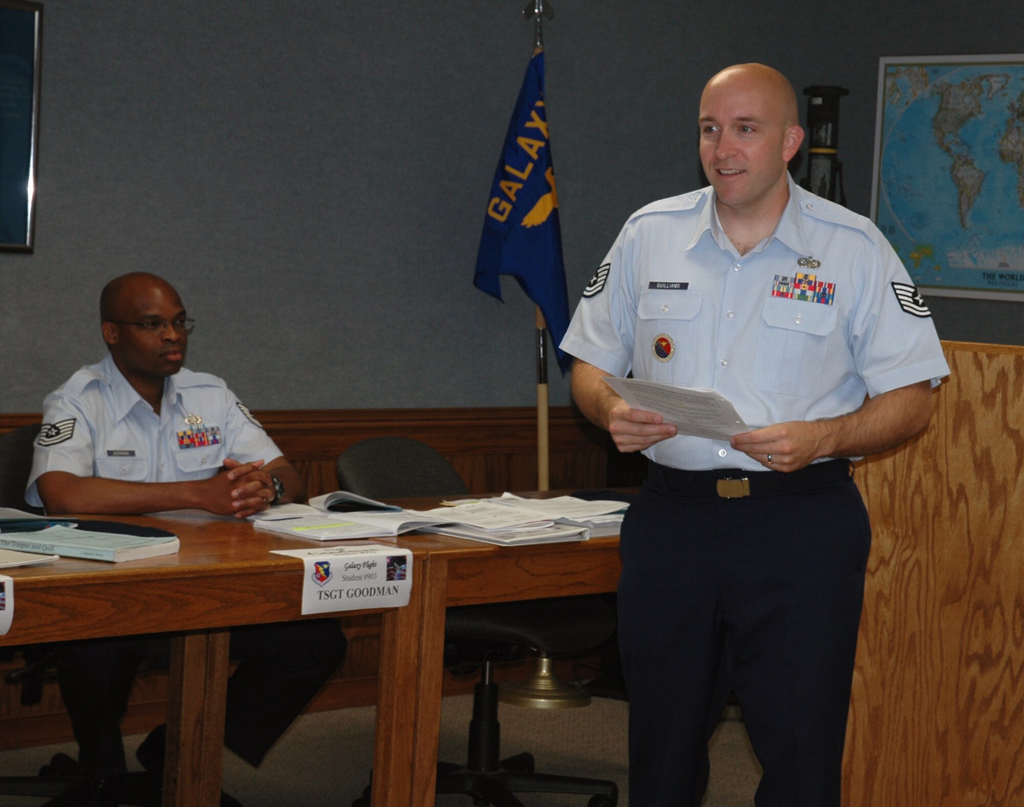 Tech. Sgt. Cameron Guilliams, Airey NCO Academy instructor, leads his class on a discussion about transition in the Air Force.  He was awarded Volunteer of the Year, military category, at Tyndall's annual Volunteer Recognition Monday.  (U.S. Air Force photo by Chrissy Cuttita)