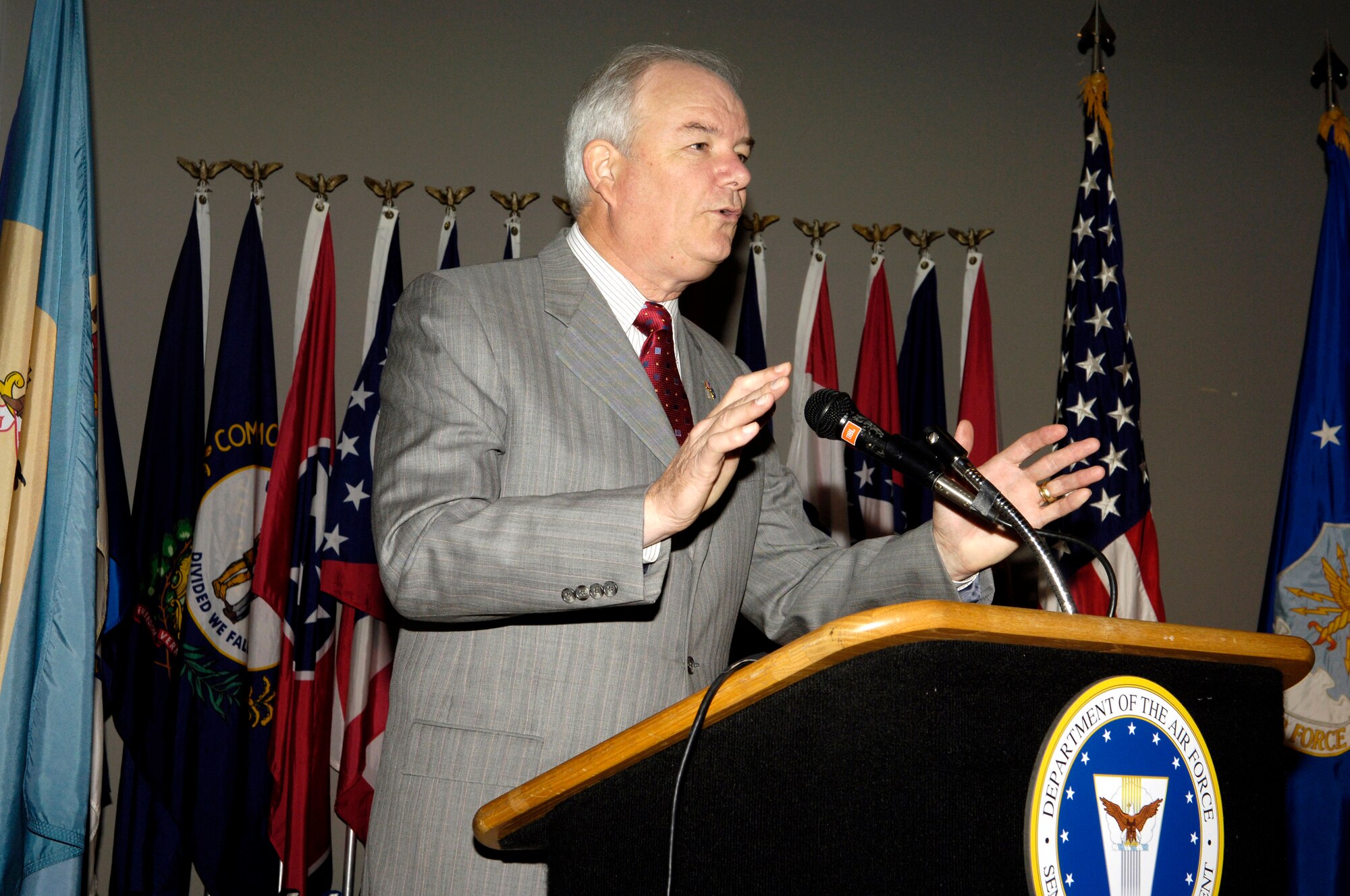 Secretary of the Air Force Michael Wynne delivers a speech at the 2006 Presidential Awards held April 20 at the Women's Memorial in Arlington National Cemetery in Washington D.C. Several Air Force civilians were presented with the distinguished and meritorious rank awards. (U.S. Air Force photo)