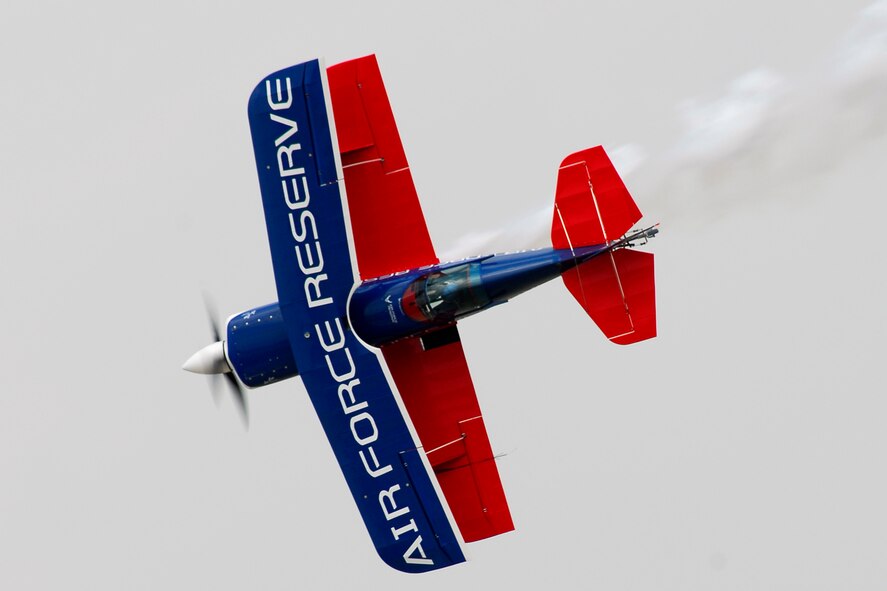 Ed Hamill performs in his Air Force Reserve bi-plane during Sunday's portion of Barksdale's 2007 Airshow.