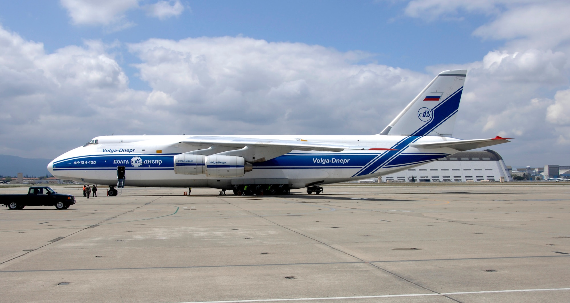 A Russian Volga-Dnepr AN-124 long-range heavy transport aircraft is parked April 20 at Moffett Federal Airfield, Calif. The contracted AN-124 transported 129th Rescue Wing deployment cargo to Afghanistan because the high operations tempos of Operations Iraqi Freedom and Enduring Freedom have kept C-17 Globemaster III and C-5 Galaxy aircraft fully engaged. (U.S. Air Force photo/Senior Master Sgt. Christopher Hartman)