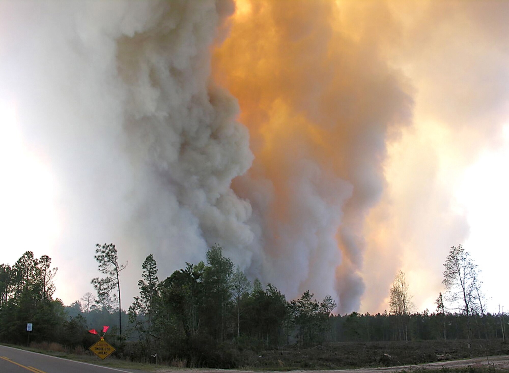 Smoke rises from a forest fire located in Southeastern Georgia. Moody firefighters have been continously involved in supporting other fire departments to put out the fire. So far, the fire has burned more than 55,000 acres and is 35 percent contained. (Courtesy photo)