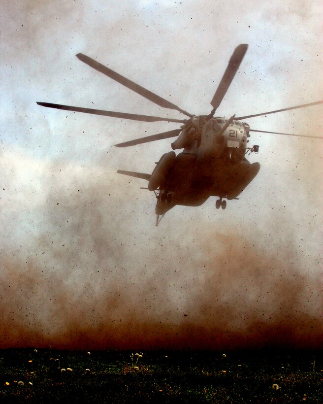 Students and staff from Hermitage High School were treated to the rare sight of a CH-53E Super Stallion transport helicopter from Marine Medium Helicopter Squadron 261 (Reinforced) touching down on the school?s football field April 24, 2007. The helicopter was part of the displays the Marines with 22nd Marine Expeditionary Unit set up for the public at the school.