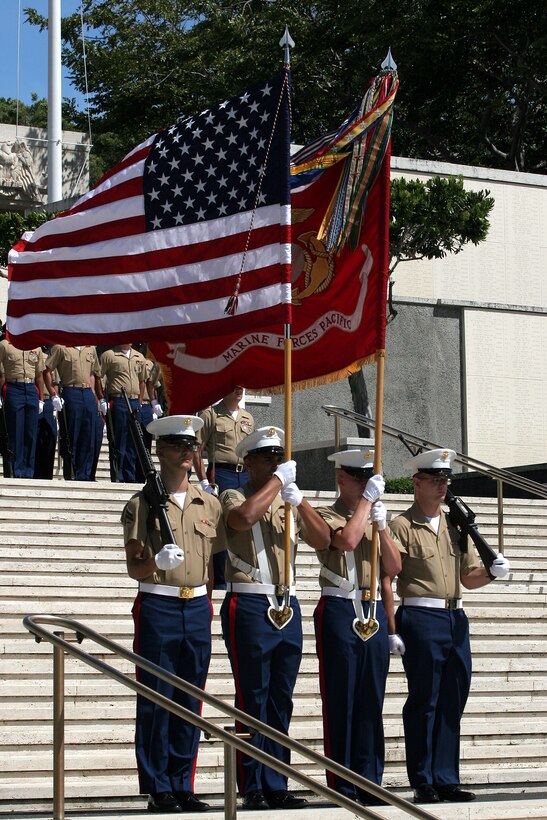 The U.S. Marine Corps Forces, Pacific color guard participates in many high visibility events throughout the year, such as Australia and New Zealand Army Corps Day at the National Memorial Cemetery of the Pacific, April 25. USMC Photo by: Cpl. Louis T. Corwise Jr.