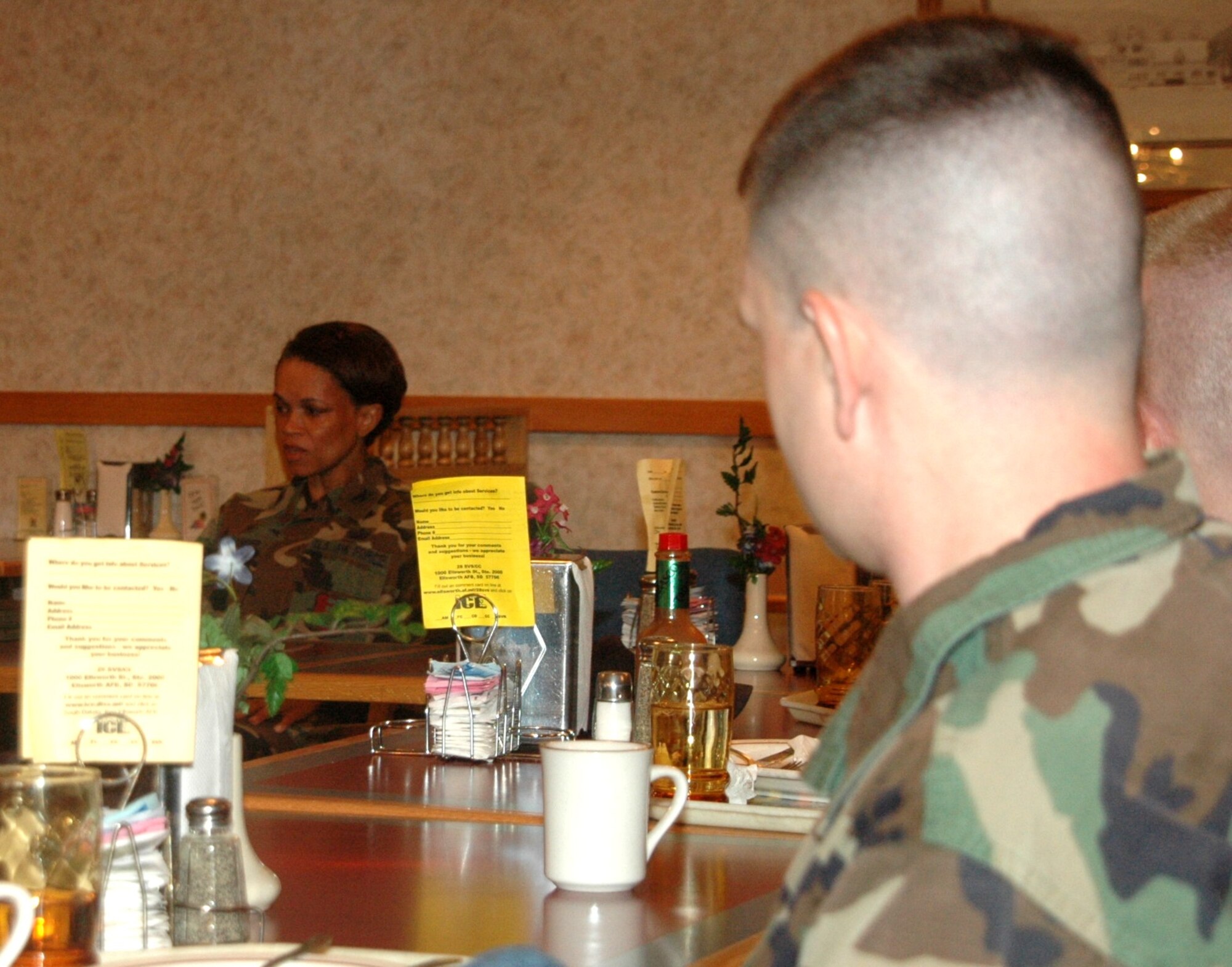 Colonel Renita Alexandar, 28th Bomb Wing Mission Support Group commander,  and Chief Master Sgt. Jim Urban, 28th Bomb Wing Mission Support Group chief, met with NCOs at the Bandit Inn dining facility on April 25. Colonel Alexander addressed issues such as the new 28th MSG realignment, performance reports, decorations and the role of supervisors.