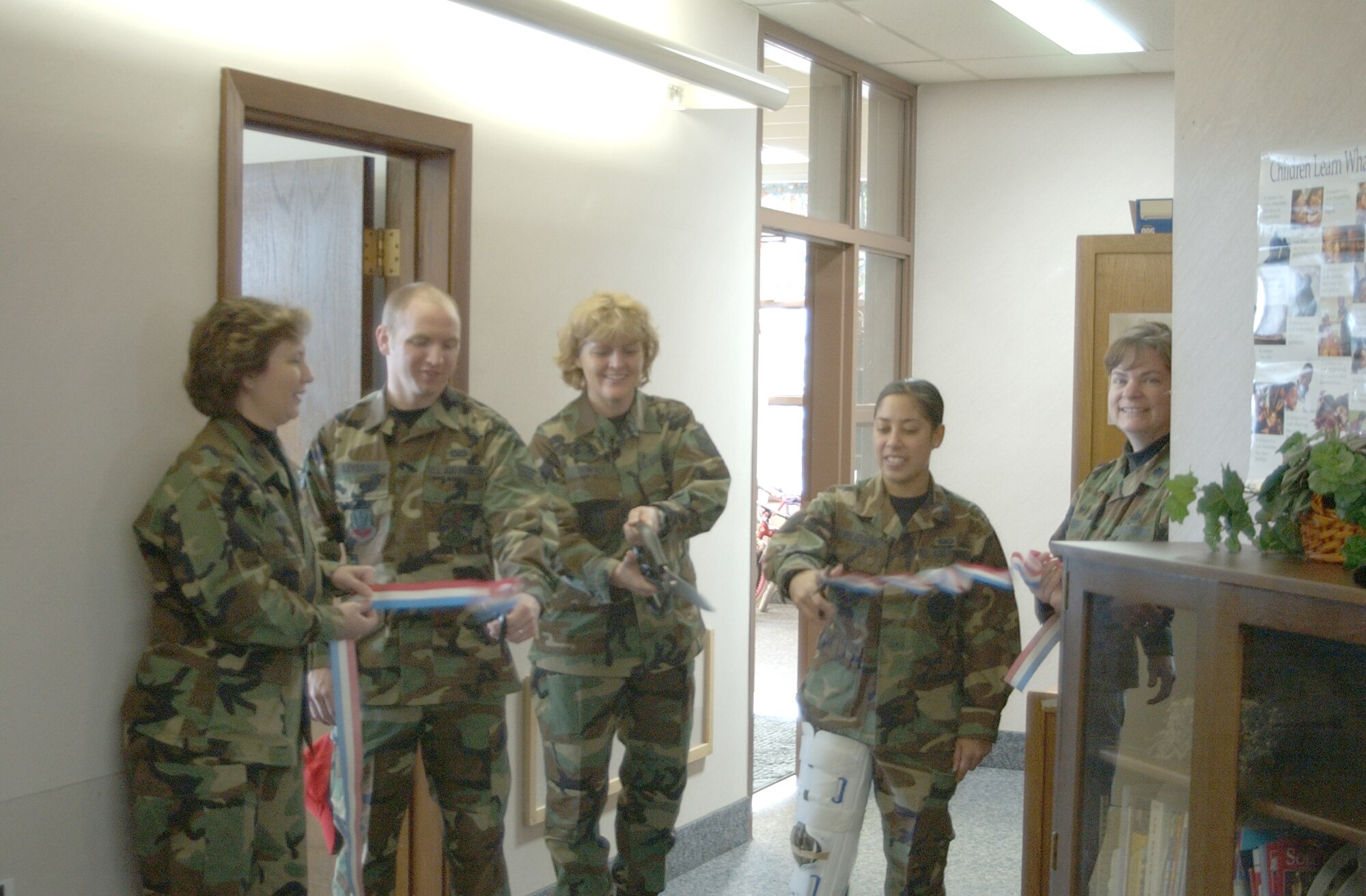 Left to right: Col. Sandy Finan, 341st Space Wing commander, Senior Airman Lucas Levesque, 819th RED HORSE Squadron, Master Sgt. Melissa Dempsey, 341st Mission Support Squadron, Senior Airman Jennifer Feliciano, 12th Missile Squadron and Lt. Col. Karyn Wright, 341st MSS commander, participate in a ribbon cuting ceremony officially opening the Airman’s Attic in its new location, building 4000. The Airman’s Attic is open Tuesday and Thursday from 10 a.m. to 2 p.m. Patrons in grades E-1 to E-6 are eligible to use the facility. Donations are always welcomed. Drop them off during business hours or call Sergeant Dempsey at 731-4900 to make an appointment for drop offs at other times.