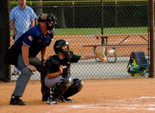 Alex Pitts, 12, son of Amanda Waldron, catches the ball during the Summerville Majors' game against the Charleston AFB Braves Wednesday.(U.S. Air Force photo/Staff Sgt. April Quintanilla)