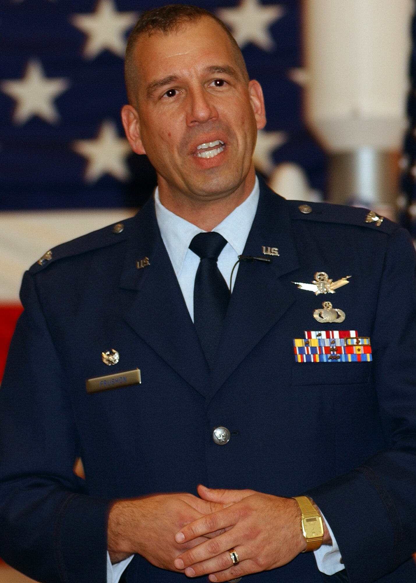 Col. Carl Frushon gives his first speech as the new commander for the 30th Launch Group at the Pacific Coast Club April 20. Colonel Frushon is coming from Royal Air Force Menwith Hill, United Kingdon, as the director of the Systems Engineering Group. He was also at Vandenberg as a Titan IV Launch Manager with the 4th Space Launch Squadron from September 1993 to September 1994. Colonel Frushon is prepared to take on the duties of the 30th Launch Group and continue the display of excellence at Vandenberg. (Photo by Airman 1st Class Adam Guy) 