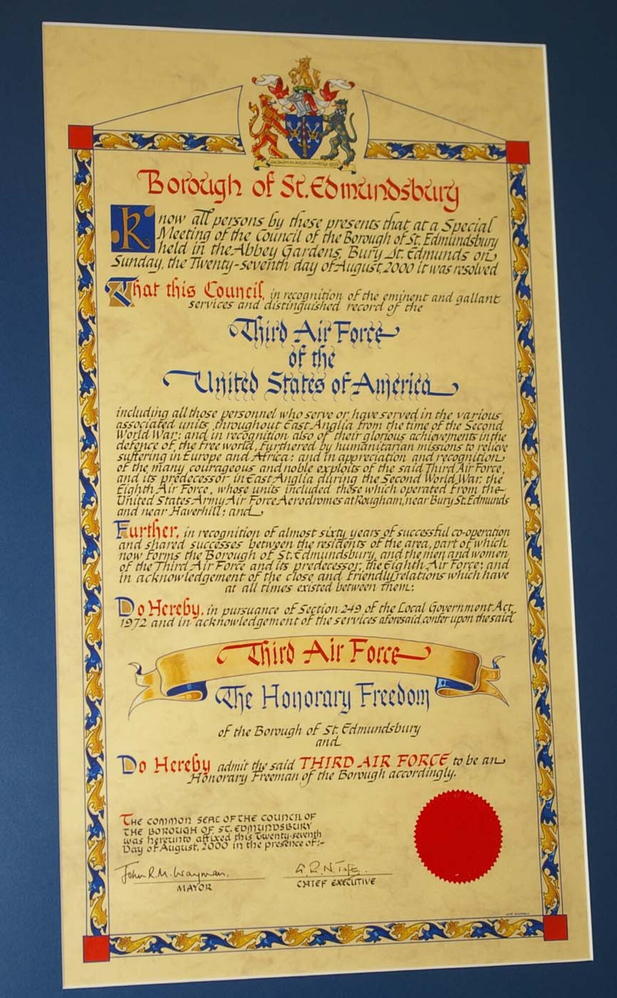 The Freedom of the Borough is an honorary freedom given to those of distinction, or who have provided eminent services to the Borough, or have served the community in a very distinguished way. The Freedom of the Borough proclamation shown here is displayed in the 3rd Air Force Headquarters.  (U.S. Air Force photo by Karen Abeyasekere)