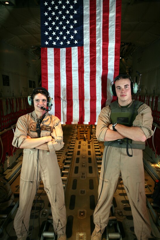 AL ASAD, Iraq - Cpls. Tavia Kauffman and Brian Morgan, loadmasters with Marine Aerial Refueler Transport Squadron 252 Detachment Alpha, are two of approximately 140 active duty loadmasters in the Marine Corps.