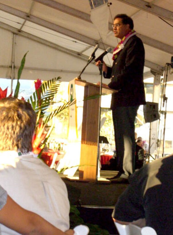 070426-M-2517W-002 -- HONOLULU -- Mayor Mufi Hannemann of the City and County of Honolulu speaks to military service members and guests about sacrifices made by American service members everyday during the opening ceremony of the 22nd Annual Hawaii Military Appreciation Month held at the Pacific Aviation Museum on Pearl Harbor?s Ford Island. "I know I speak for the 500,000 people who call Honolulu home, thank you," said Hannemann to the nearly 500 service members in attendance, including the highest ranking member in the Pacific, Navy Adm. Timothy J. Keating, commander, U.S. Pacific Command.